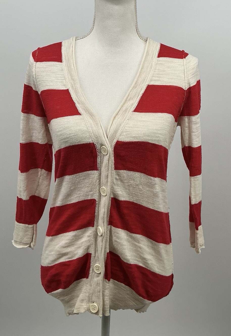 Forever 21 Red Cream Striped V Neck Button Cardigan Women's M Vintage Preppy Top
